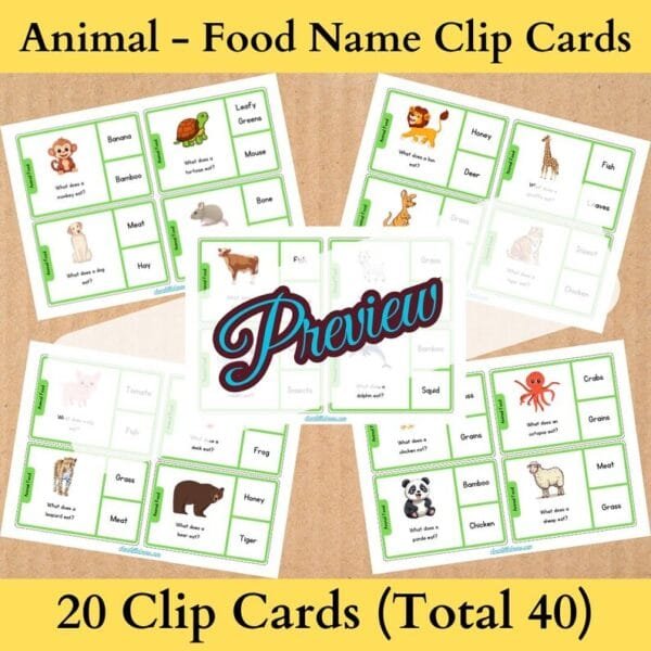 40 Animals And Their Food Clip Cards | Animal Food Matching With Pictures | Animal Food Clip Cards | Montessori Preschool - Image 3